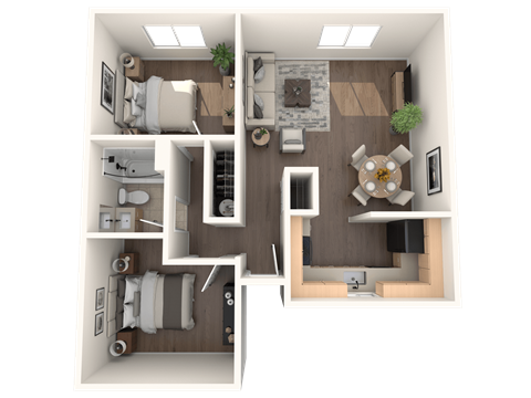 Floor plan for 2 beds, 1 bath, 864 sqft